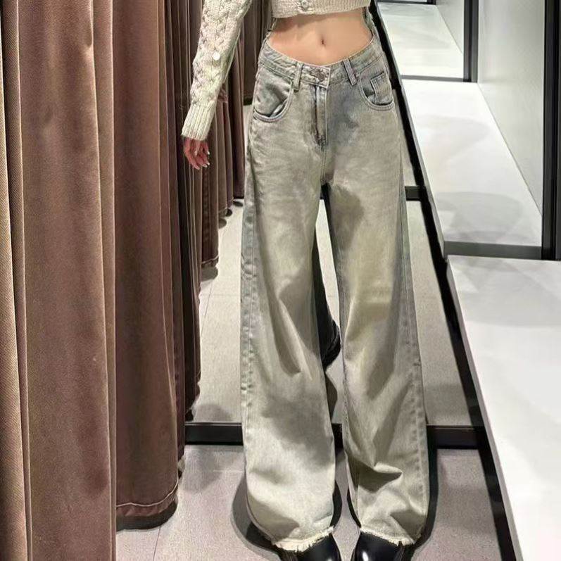 美式做旧浅色直港风春季新款牛仔裤高个子加长版阔腿牛仔裤多巴胺