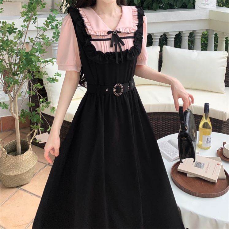 大码连衣裙复古假两件拼接连衣裙显瘦减龄甜美蝴蝶结长裙背带裙子