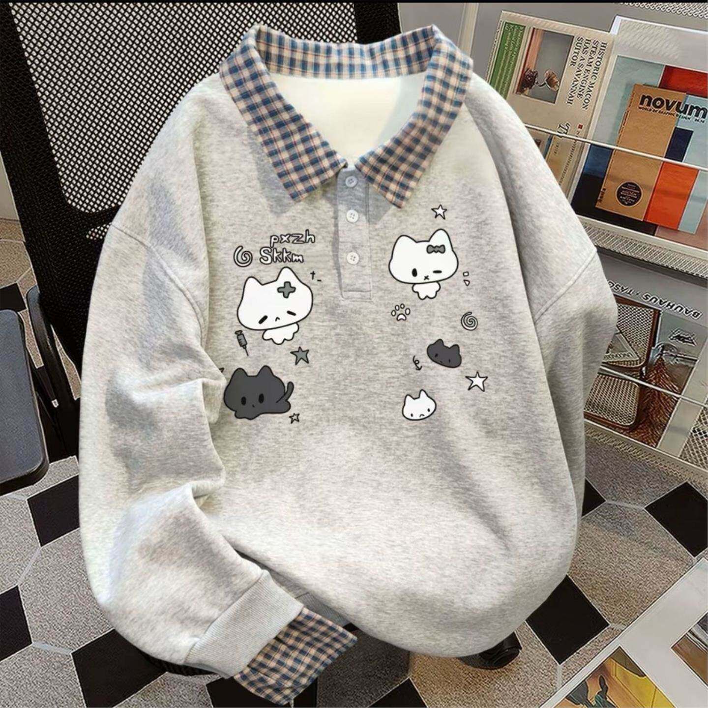 秋冬新款假两件格子拼接翻领卫衣女韩版可爱简约猫咪印花学生上衣