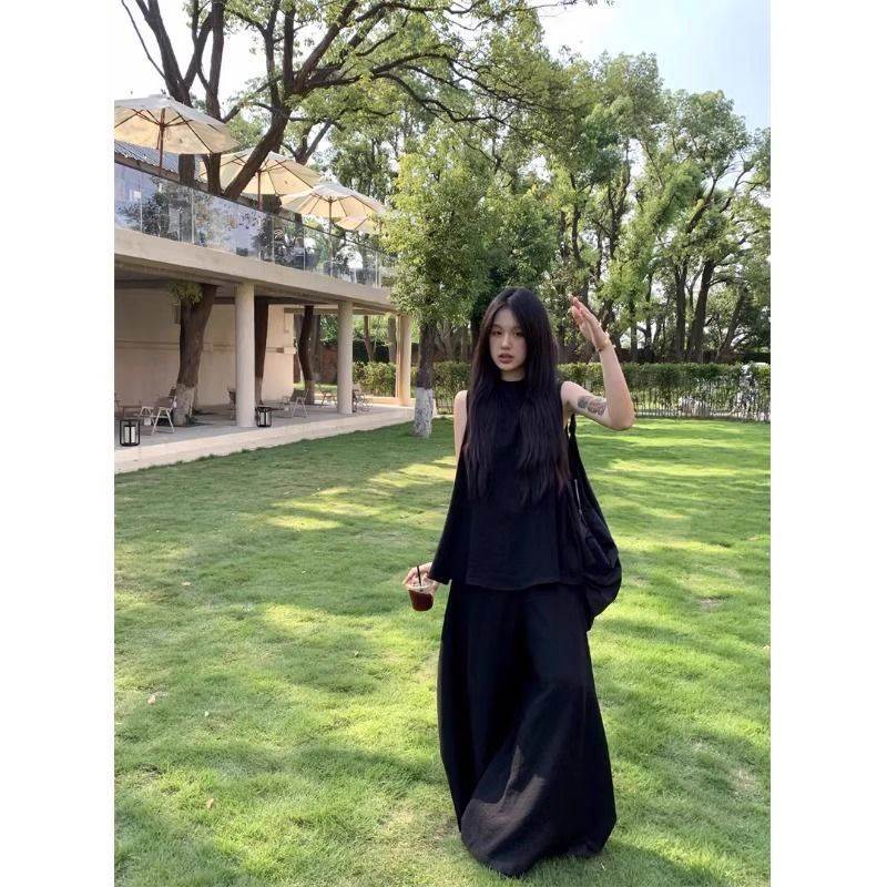 老钱风休闲运动套装女夏季学生宽松无袖背心时尚高腰阔腿裤两件套