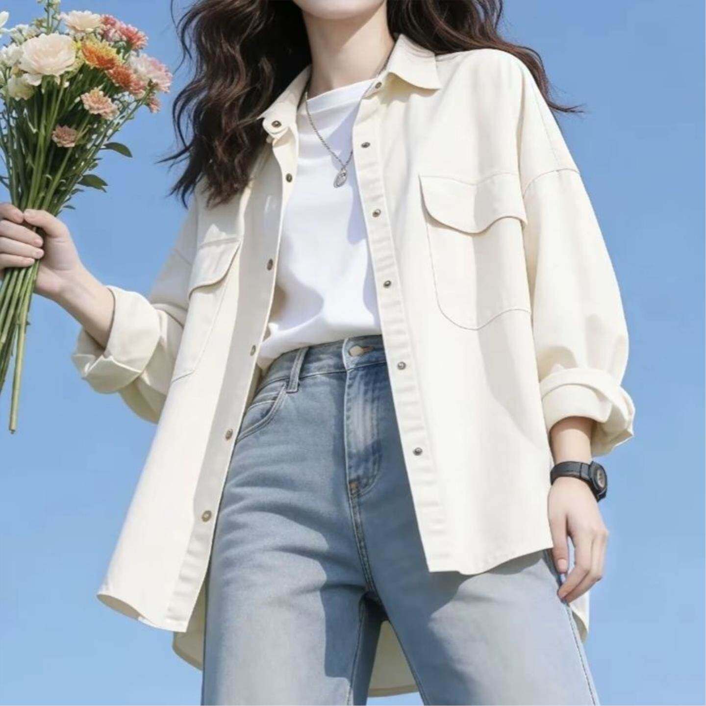 复古港风牛仔衬衫外套女2026春秋新款休闲薄款宽松显瘦中长款上衣