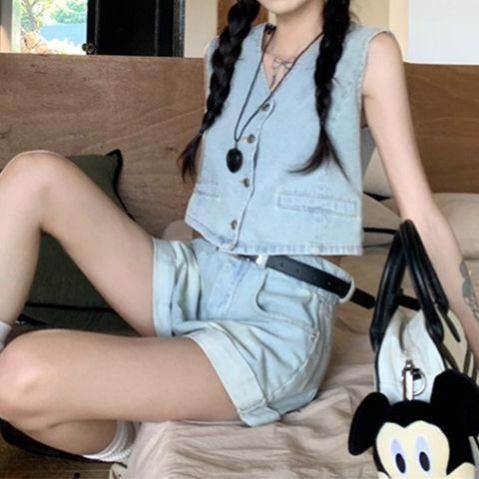 复古辣妹套装无袖短款马甲牛仔背心夏季新款牛仔裤高腰短裤两件套