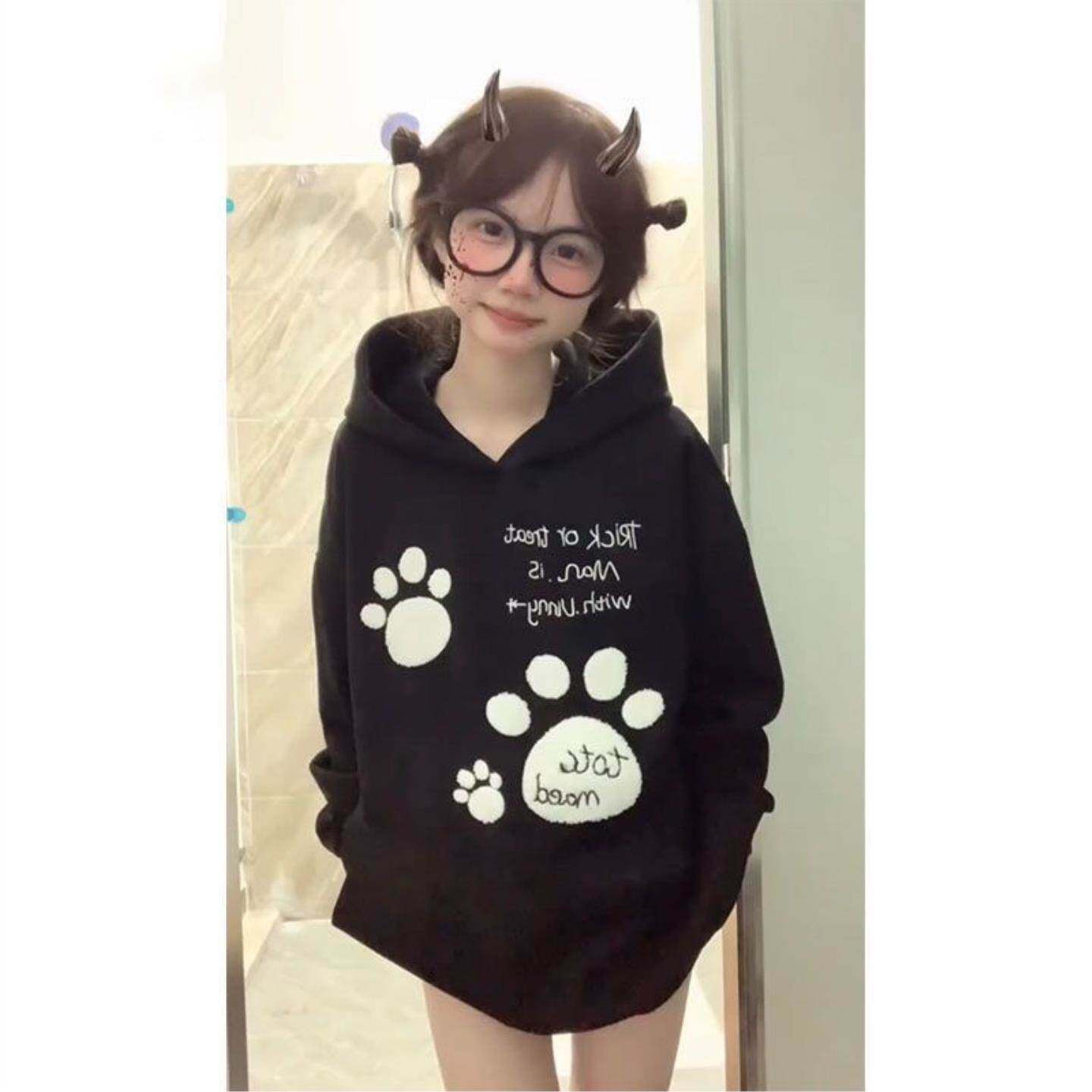 秋冬季黑色连帽加绒卫衣女美式趣味小狗爪印花小个子学生宽松外套