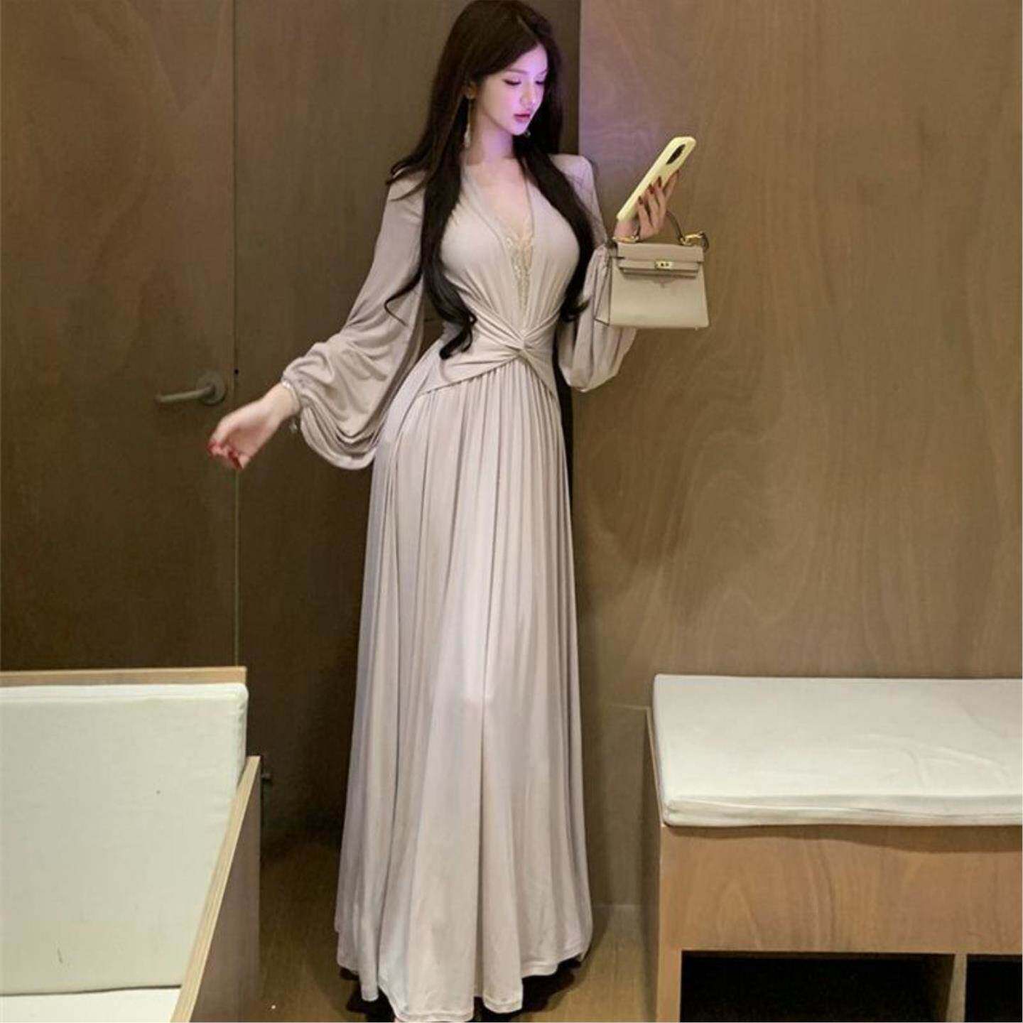 纯欲风蕾丝春季拼接长袖连衣裙扭结设计性感裙子气质收腰显瘦长裙