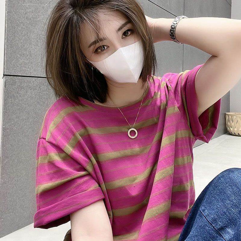 棉短袖条纹T恤女夏款时尚韩版宽松显瘦遮肚圆领打底衫半袖上衣