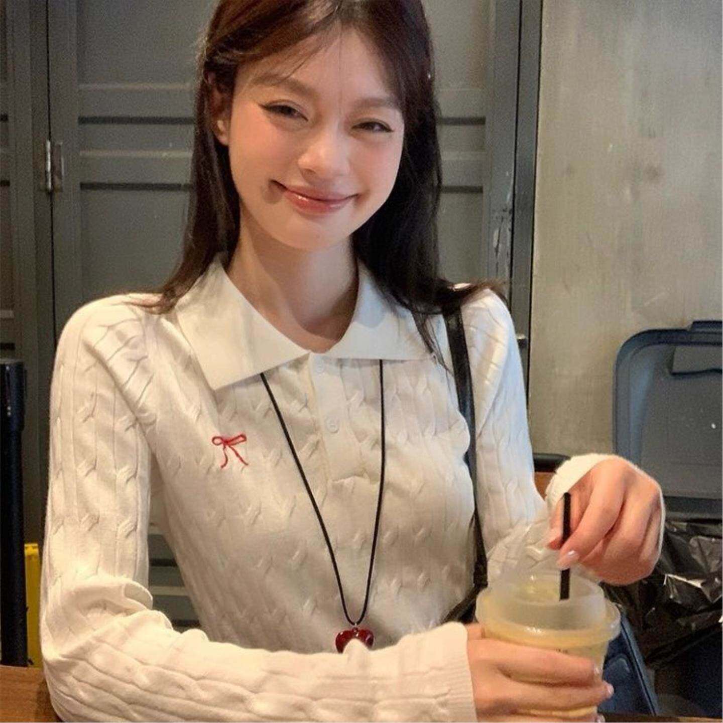 韩系蝴蝶结绣花长袖针织衫新款辣妹修身上衣