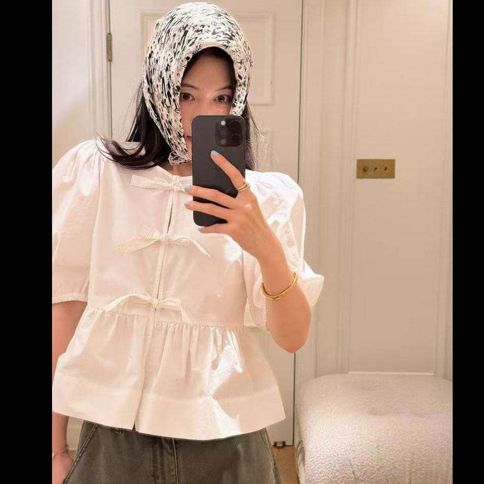 法式蝴蝶结系带短袖衬衫女镂空绑带泡泡袖减龄小个子上衣