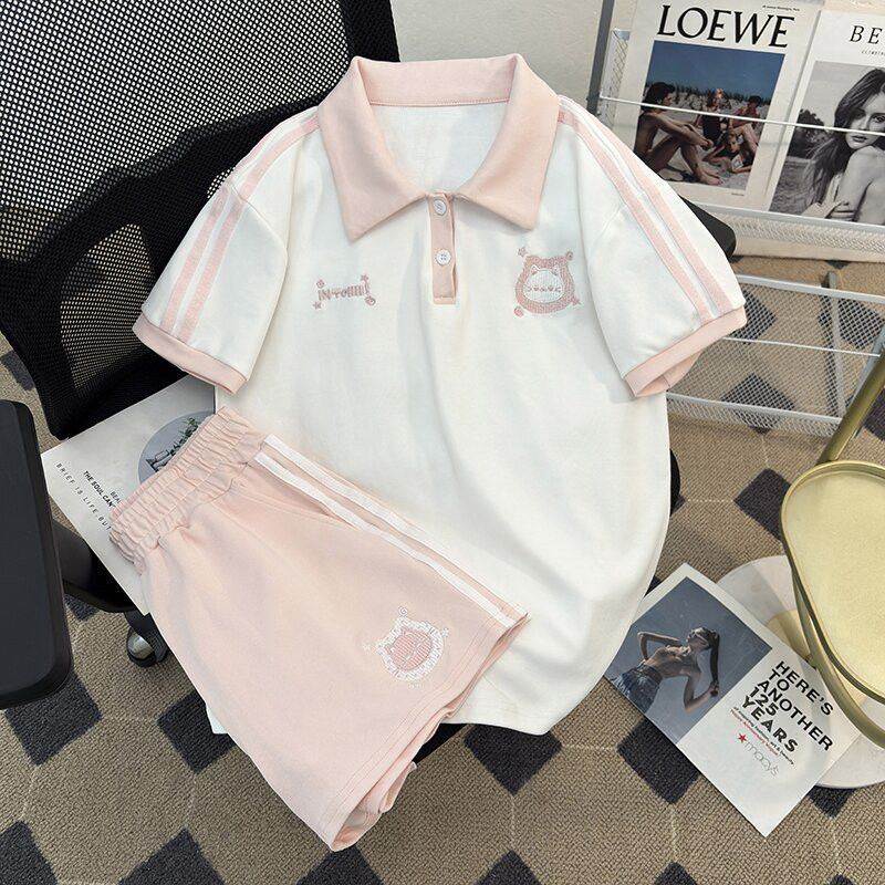 粉色套装女日系甜妹休闲运动服夏季女生学院风POLO翻领短袖短裤