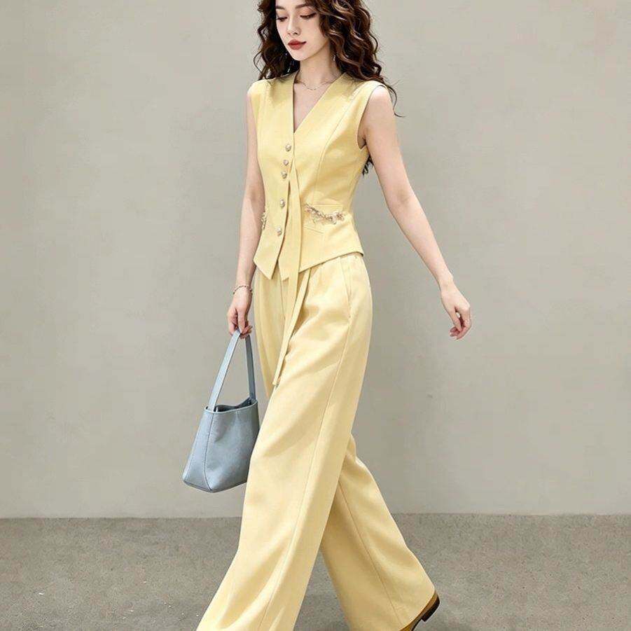 高级感西装风时尚套装女夏2026新款黄色马甲阔腿裤两件套