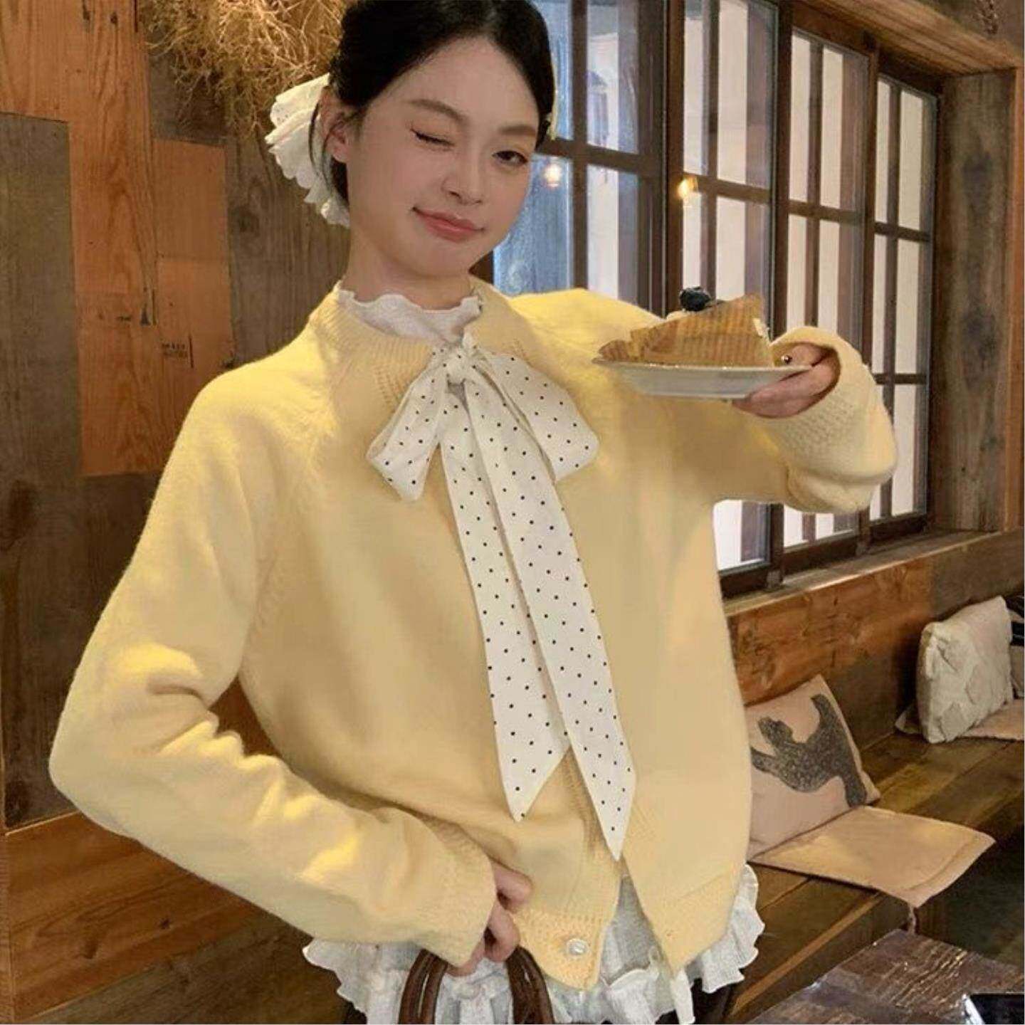 韩系黄色蝴蝶结毛衣外套女秋冬季宽松慵懒风针织开衫上衣