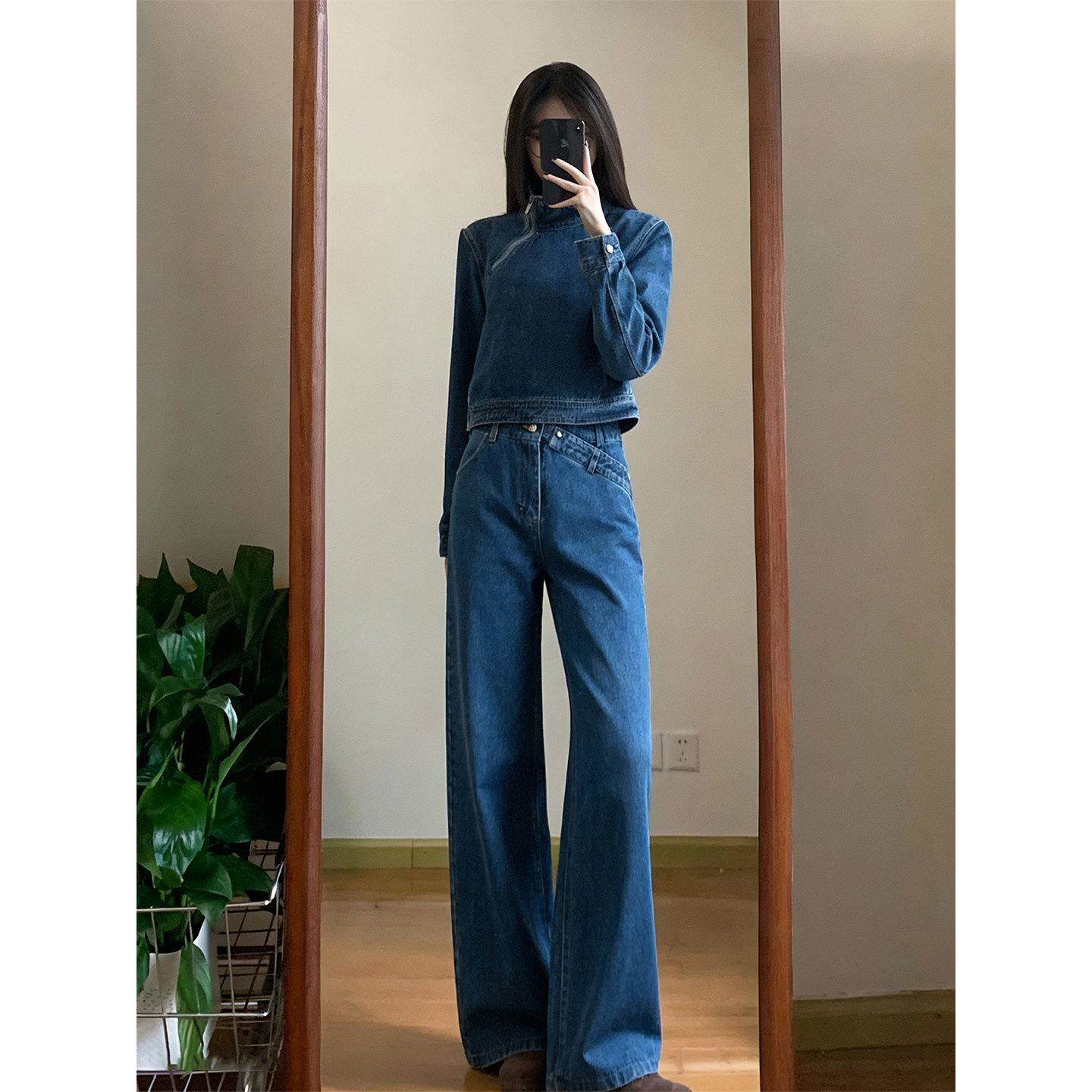 巨好看牛仔套装女2026春季气质韩系通勤高级感短外套阔腿裤两件套