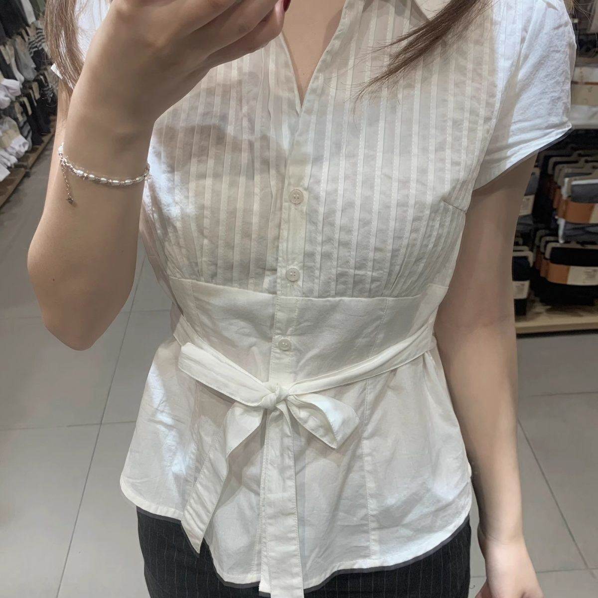 V领褶皱蝴蝶结绑带收腰衬衫女夏季显瘦收腰气质衬衣