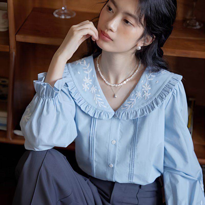 重工刺绣长袖女新款衬衫女显瘦打底衫小衫高档上衣女娃娃领衬衣女
