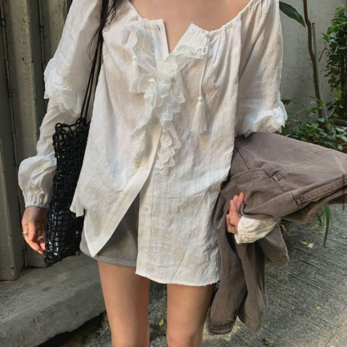 白色同款法式蕾丝花边2026设计衬衫宽松甜美衬衣新款长袖上衣