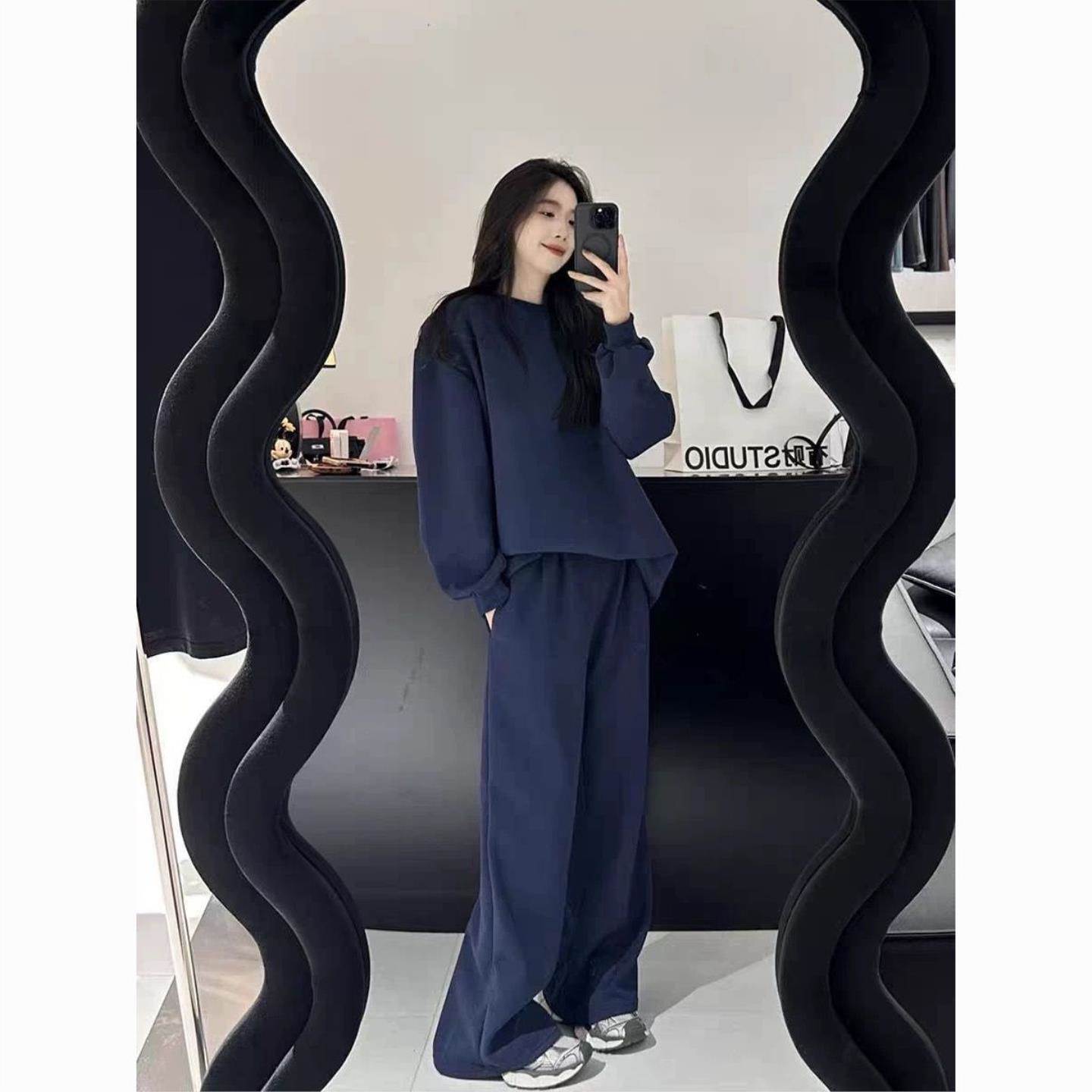 秋冬新款纯色百搭加绒加厚卫衣套装女宽松休闲显示遮肉两件套