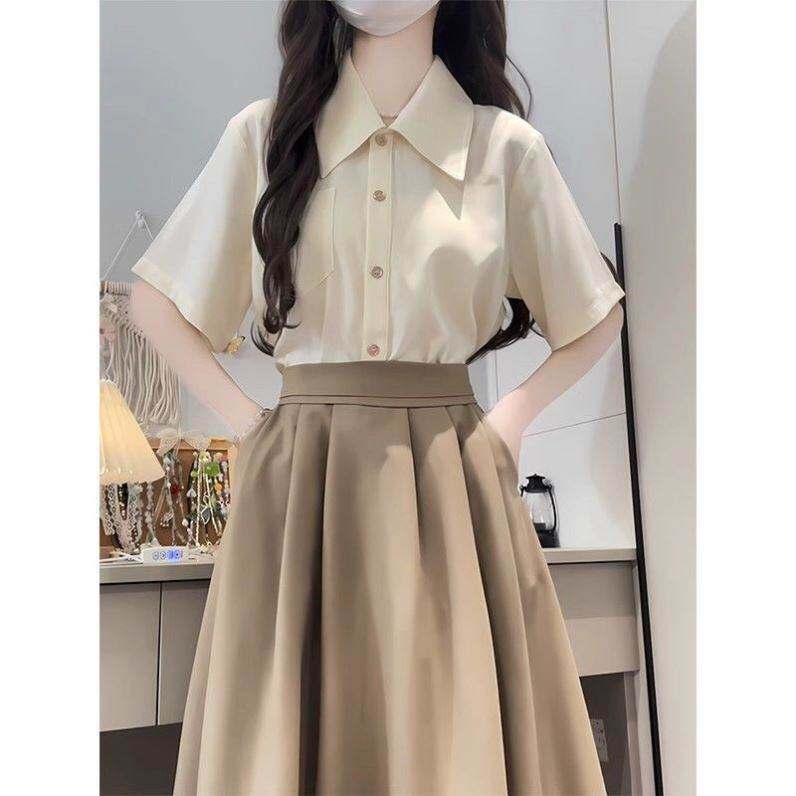 杏色短袖衬衫女夏季新款通勤职业面试正装大学生教资穿搭套装裙子