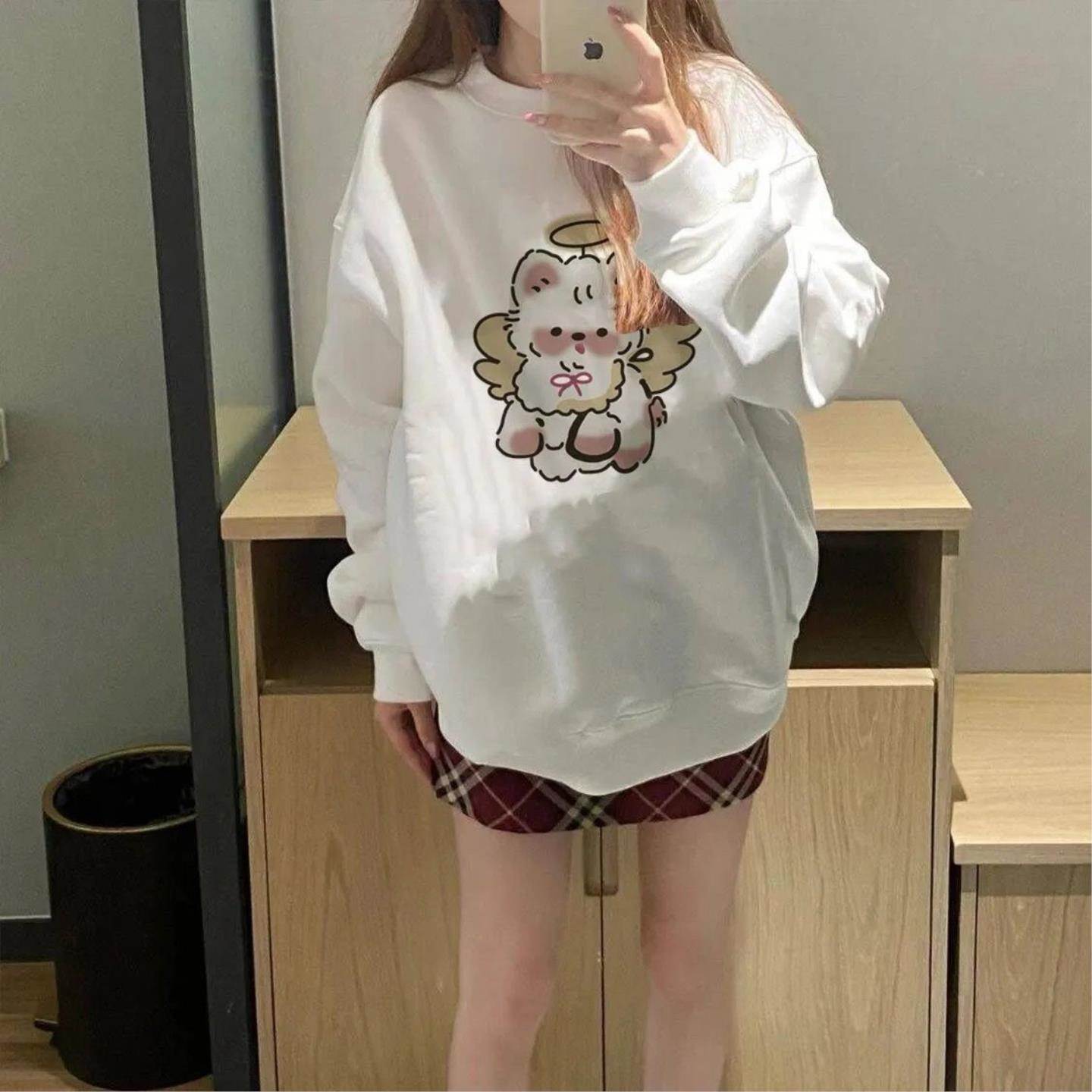 美式杏色无帽正肩圆领薄款卫衣女春夏款2026新款爆款小个子上衣