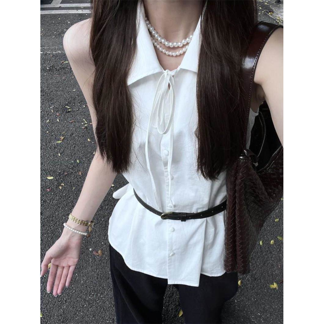 v领白色无袖挂脖衬衫女夏季宽松设计感小众别致法式修身背心上衣