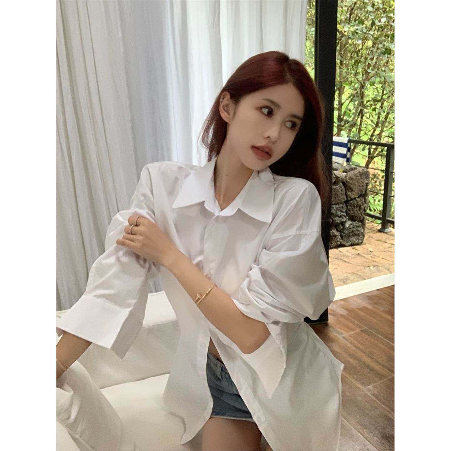 收腰白色衬衫女春秋季新款韩版设计感小众显瘦修身学院风长袖衬衣
