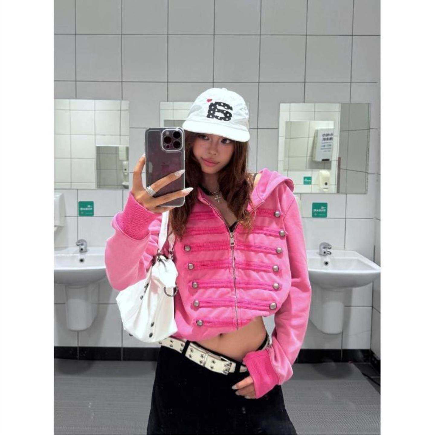 美式设计高级宫廷风双排银扣连帽拉链薄款卫衣外套女百搭宽松