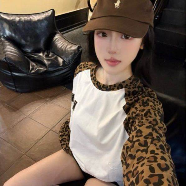美式复古撞色插肩豹纹长袖T恤女春秋季慵懒风设计感字母刺绣上衣