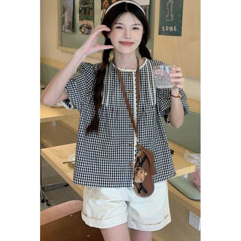 微胖mm女装甜美风减龄花边拼接泡泡袖格子衬衫女夏季宽松上衣