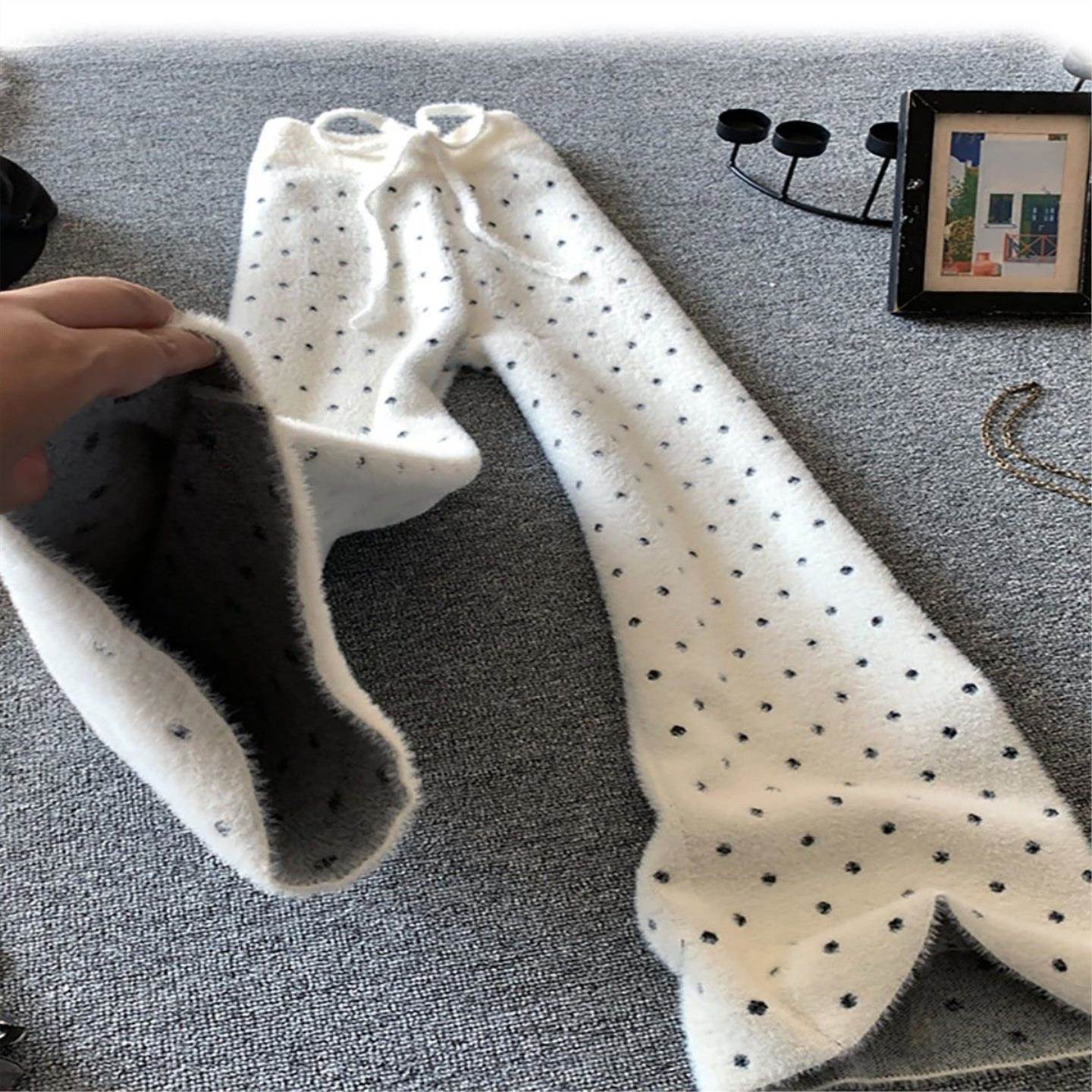 白色波点水貂绒针织阔腿裤女秋冬高腰显瘦垂感软糯直筒休闲糯米裤