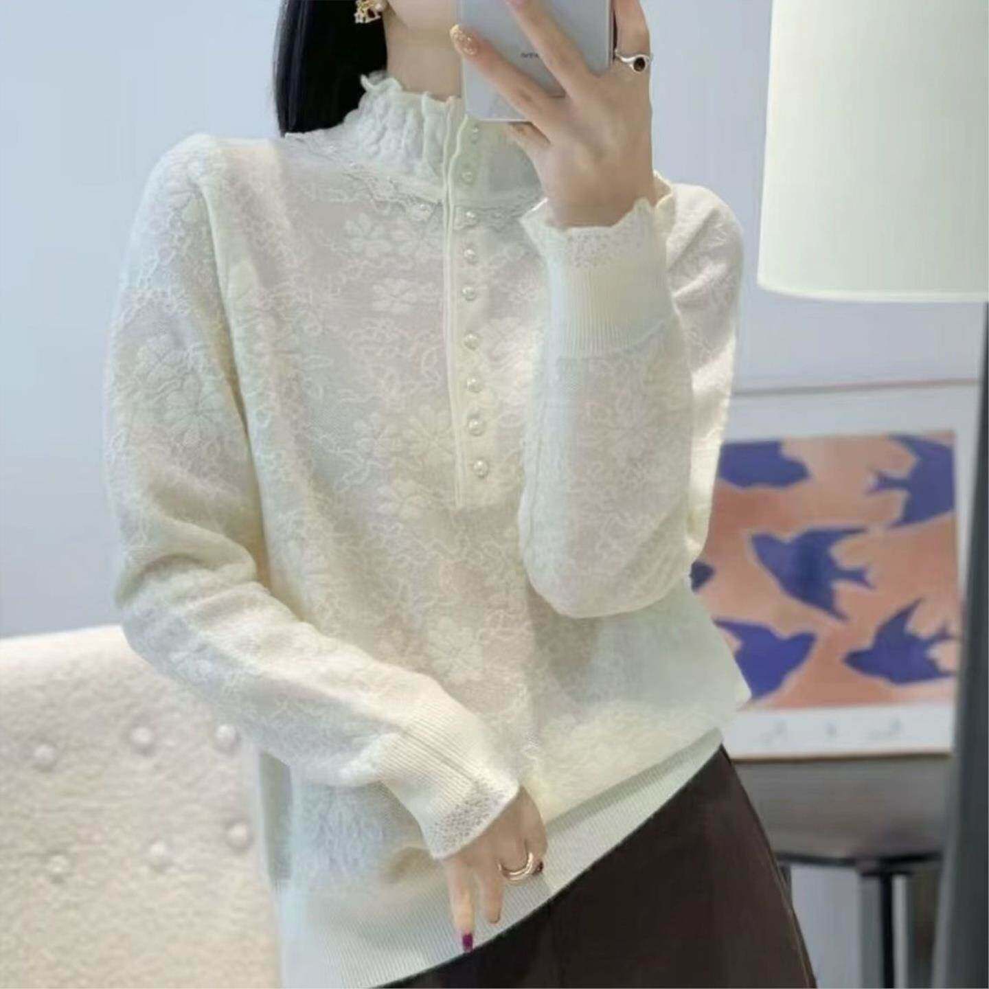 珍珠扣花边宽松毛衣女设计感立领纽扣高级感减龄显瘦百搭打底上衣