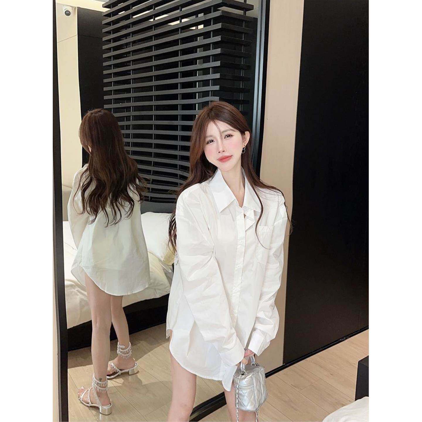 白色长袖露肩衬衫女春夏新款设计感时尚小众两穿漏肩棉宽松衬衣