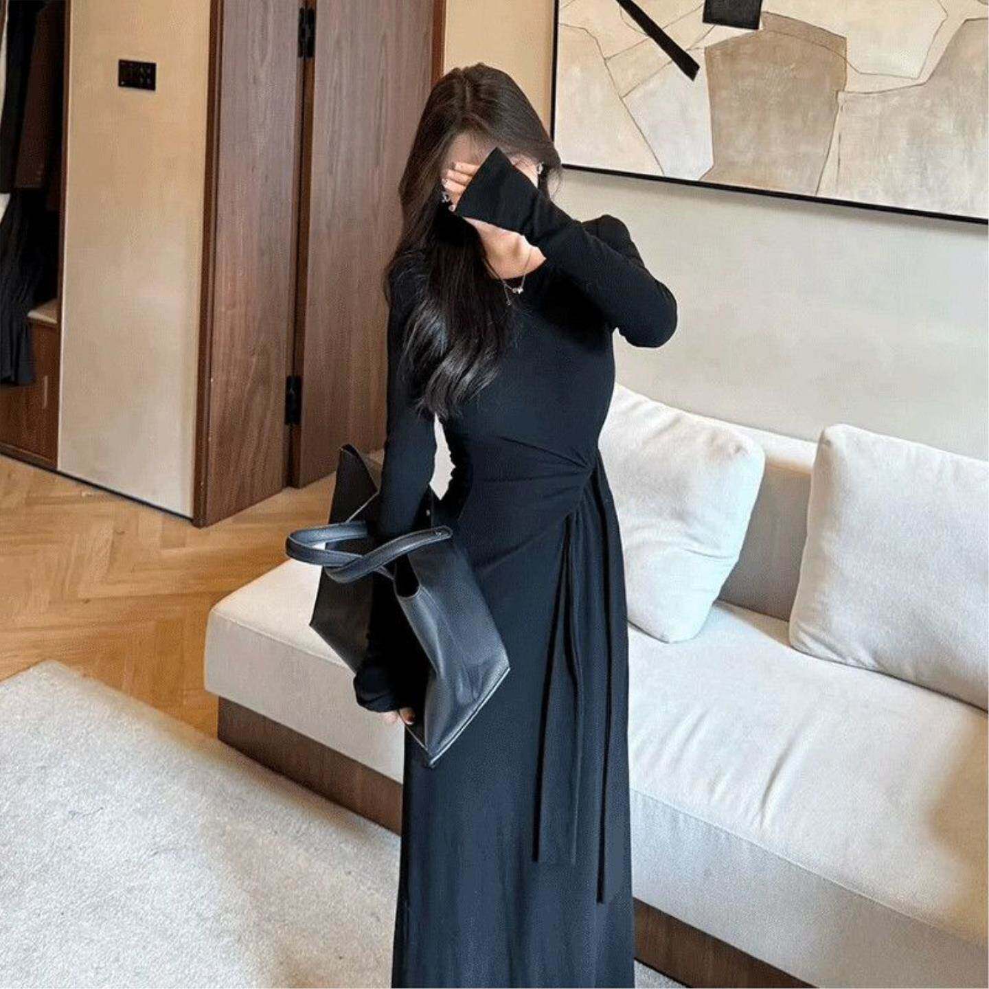 新款圆领绑带长袖针织连衣裙子女磨毛弹力春夏修身显瘦气质长裙女
