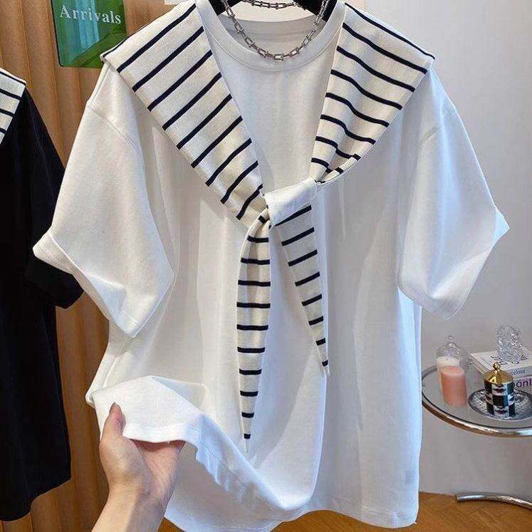新款胖遮肉连帽宽松条纹披肩短袖上衣女潮网红爆款衣服肥胖女装