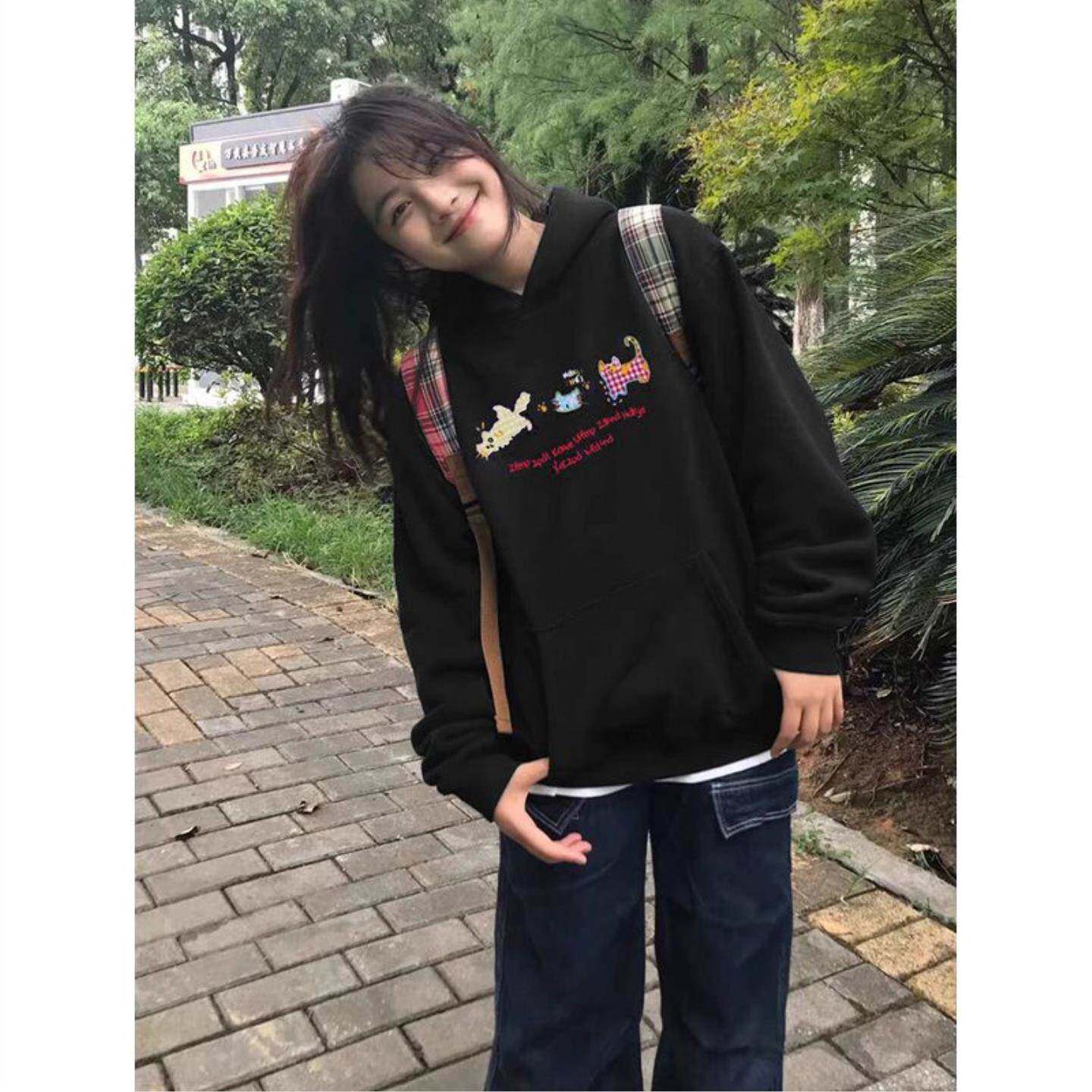 韩系宽松连帽卫衣女秋冬黑色格子猫休闲chic百搭美式慵懒上衣