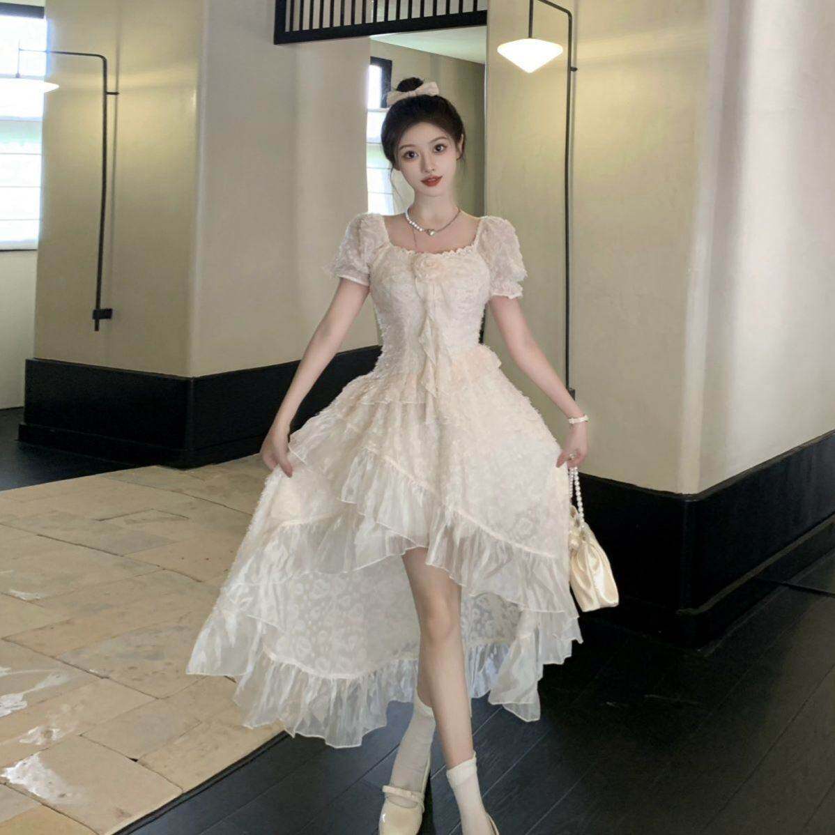 法式气质减龄小众不规则连衣裙女夏独特绝美小裙子荷叶边仙女裙子