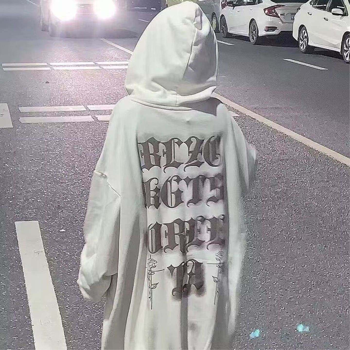 超火双层连帽卫衣女春秋薄款学生oversize宽松原宿风印花百搭上衣