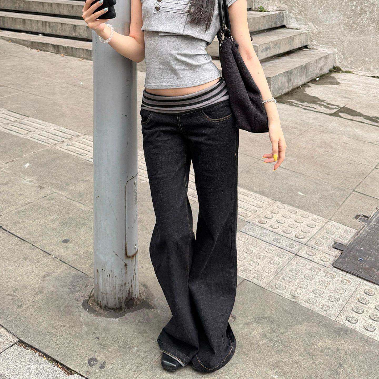 美式复古条纹拼接微喇牛仔裤女秋夏辣妹设计感修身显瘦直筒拖地裤