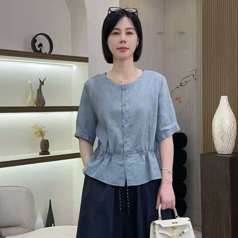 韩版时尚气质收腰褶皱圆领衬衫女夏季胖mm显瘦单排多扣短袖上衣