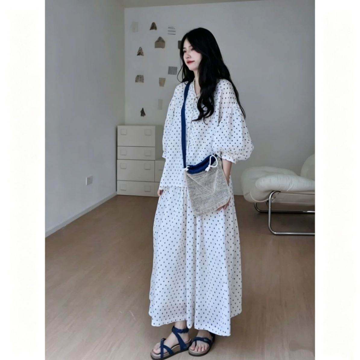 波点衬衫套装女宽松泡泡袖上衣+高腰A字半身裙显瘦遮肉休闲两件套