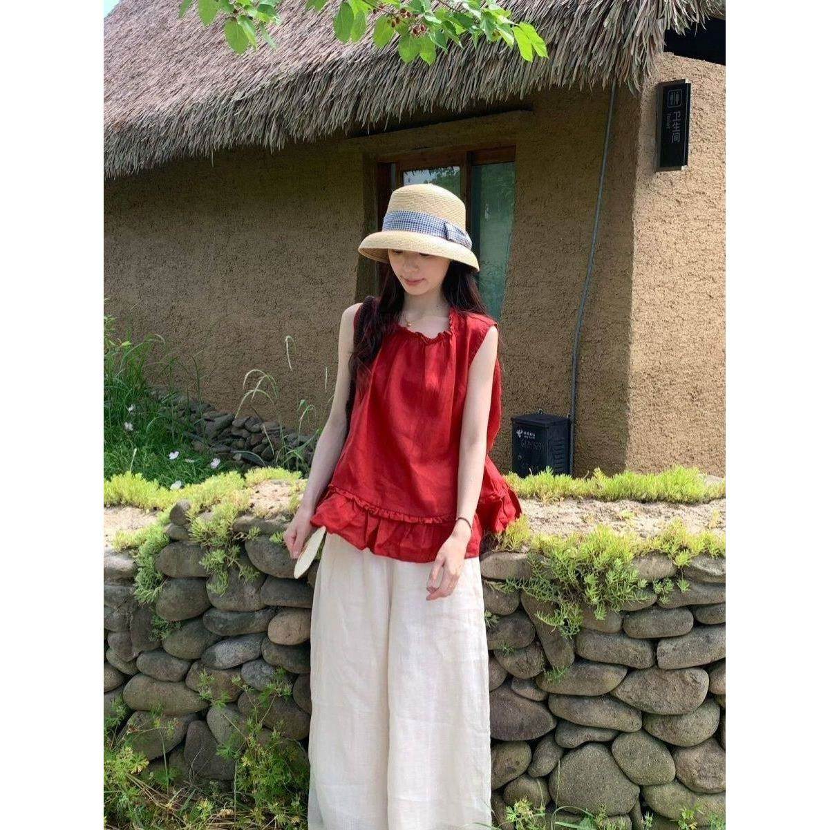 胖妹妹红色花边无袖背心套装女夏季直筒阔腿裤两件套