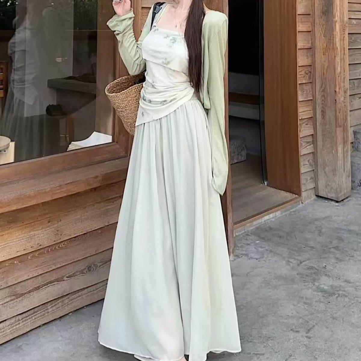 新中式国风不规则收腰吊带罩衫半身裙女2026春夏新款防晒气质套装