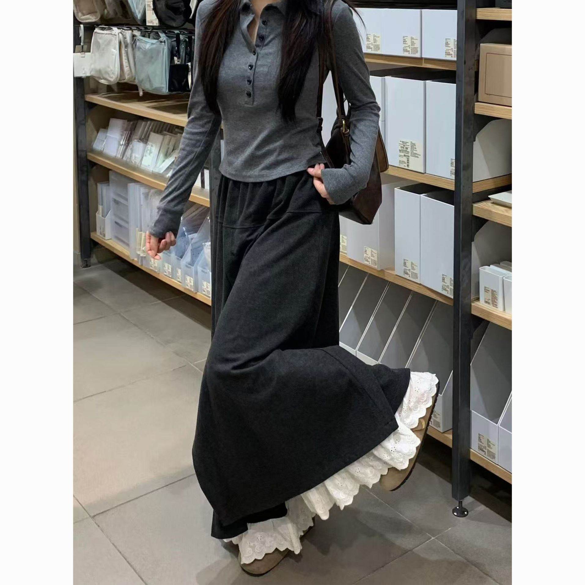 深灰色蕾丝阔腿裙裤女春季大码胖宽松显瘦慵懒松弛感直筒休闲裤