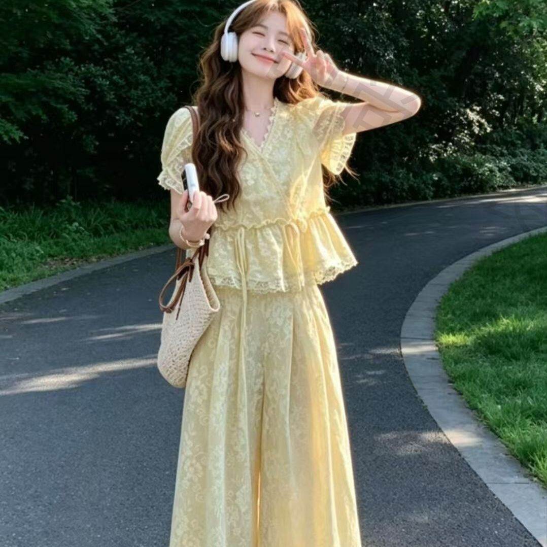 显瘦显高夏装大码胖mm蕾丝上衣阔腿裤套装女复古风温柔气质