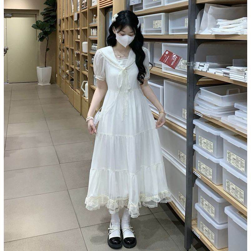 海军领甜美裙子少女2026夏新款初中高中学生收腰显瘦中长款连衣裙