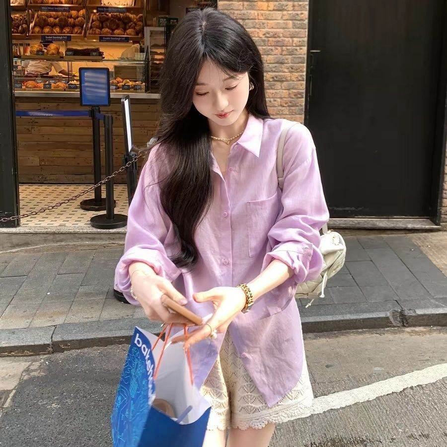松弛感微褶皱肌理衬衫女珠光纽扣百搭廓形防晒衬衣