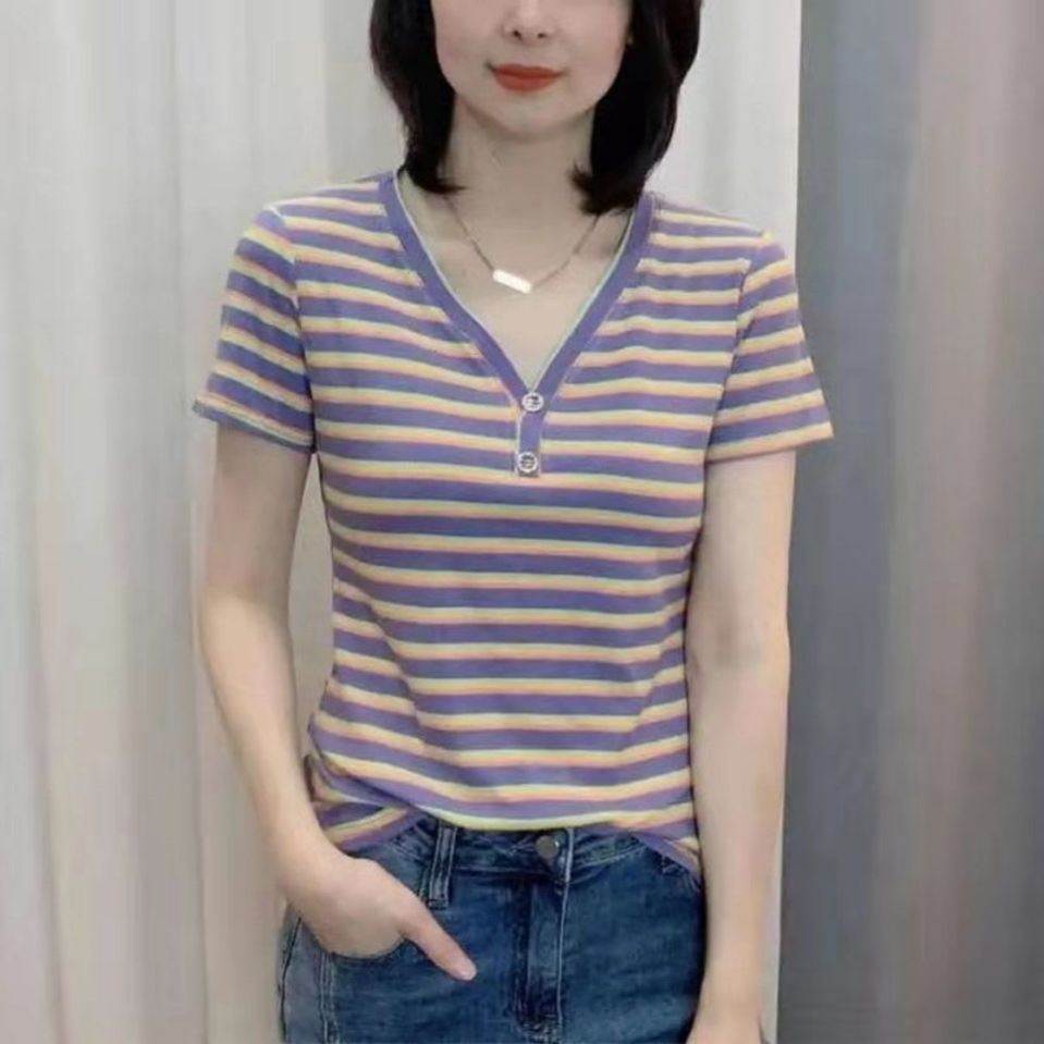 横条纹显瘦短袖t恤女遮肉修身V领2026新款百搭棉短袖上衣