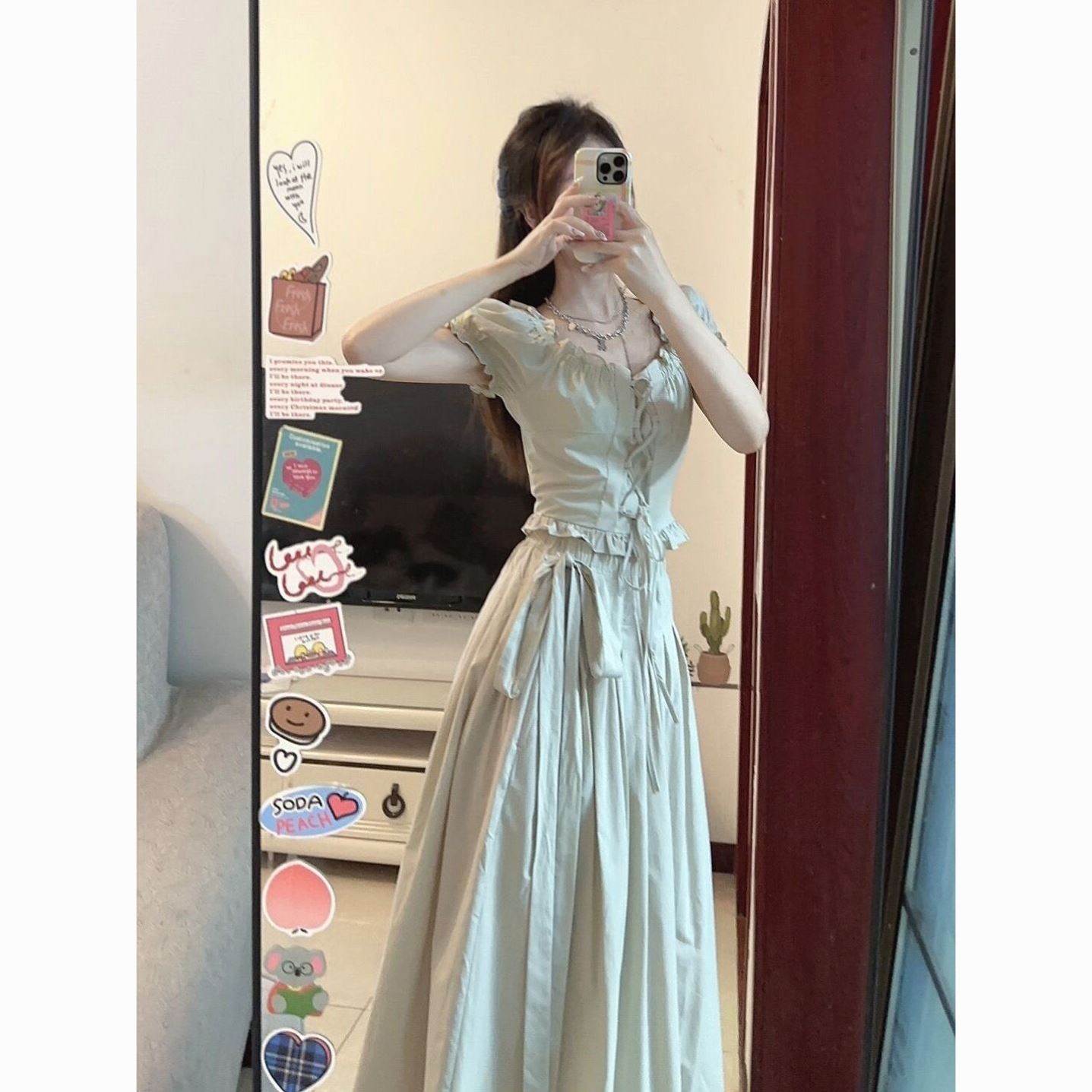 韩版甜美套装女泡泡系带上衣+半身裙高腰显瘦夏季新款法式两件套