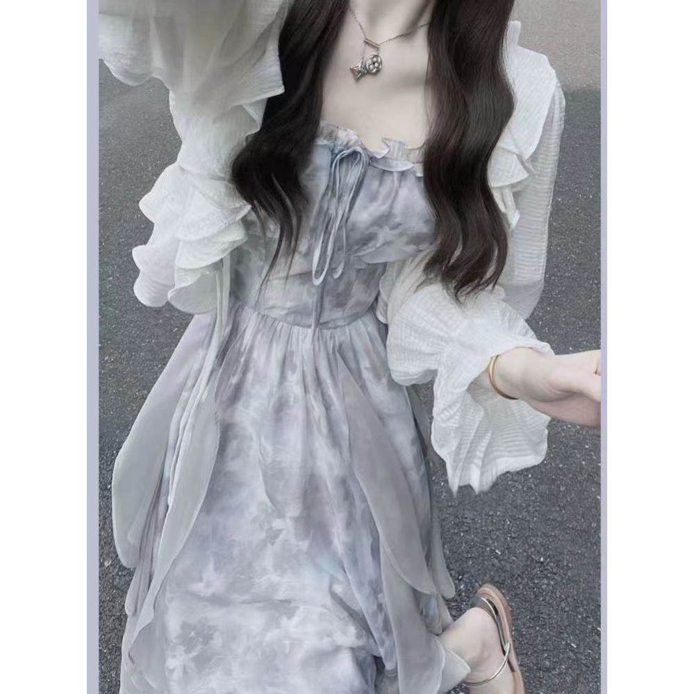 夏季高级感烟雨墨染灰色扎染吊带连衣裙清冷感仙女裙开衫两件套