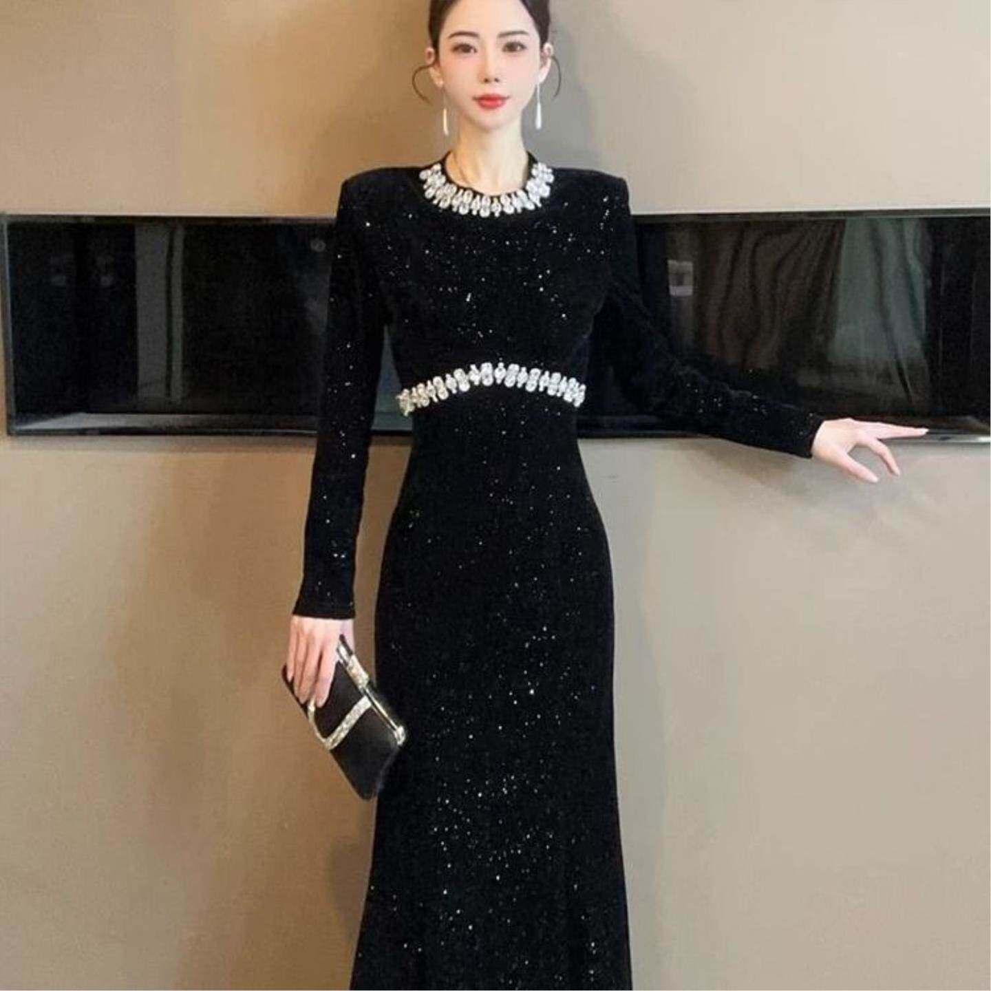 春季重工镶钻宴会礼服轻奢高级感修鱼尾欧洲站黑色连衣裙女长裙