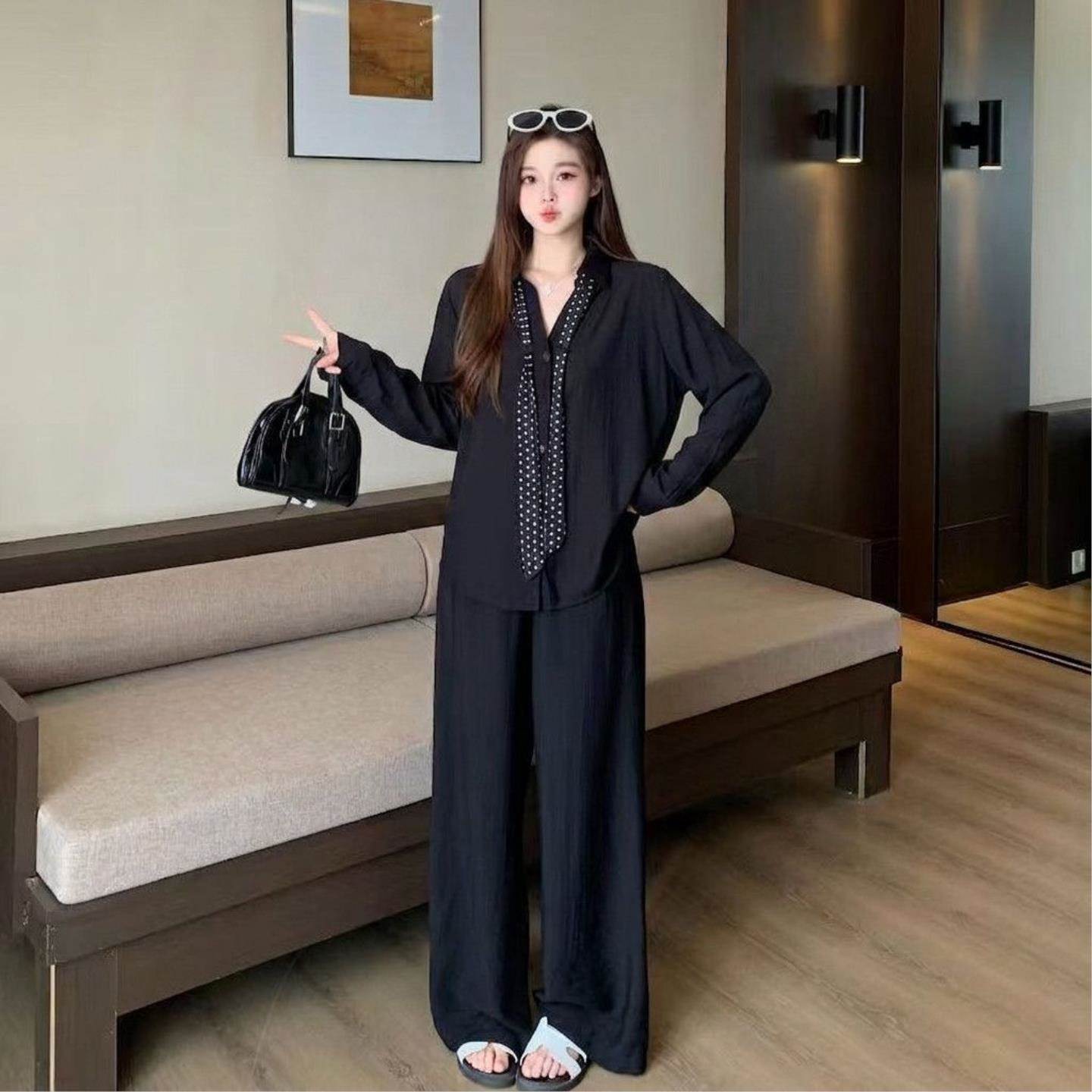 大码女装2026秋季新款韩系长袖衬衫薄款阔腿裤宽松休闲两件套装