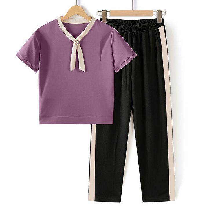 休闲套装女士时尚夏季短袖夏装妈妈洋气上衣中老年运动服两件套装