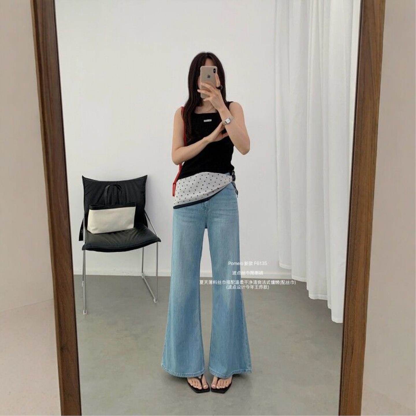 韩标休闲显瘦筒喇裤女26年夏款薄款温柔清爽慵懒牛仔裤(配丝巾)